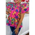 Rose Red Dramatic Ruffle Sleeve Smock Neck Wavy...
