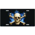 Blue Flames Skull & Crossbones Metal License Pl...