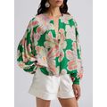 Green Floral Print Button up Pleated Puff Sleev...