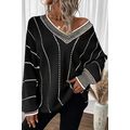 Black Colorblock Striped V Neck Knitted Loose S...