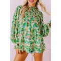 Green Leafy Printed Flounce Sleeve Shirred Mock...