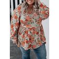Khaki Plus Size Flower Print Square Neck Peplum...
