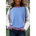 Blue Exposed Seam Colorblock Patchwork Ribbed T...