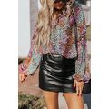Multicolor Vibrant Floral Tie V Neck Puff Sleev...