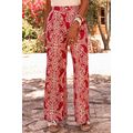 Red Paisley Printed Buttoned High Waist Straigh...