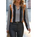 Orange Geo Print Colorblock Notched V Neck Blouse