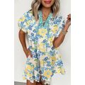 Blue Floral Striped Trim Puff Short Sleeve Dress