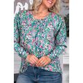 Green Floral Pleated Round Neck Long Sleeve Blouse