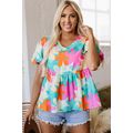 Pink Floral Print Bubble Sleeve V Neck Peplum B...