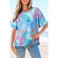 Sky Blue Bowknot Printed Waffle Crewneck Loose ...