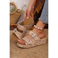 Pale Khaki Retro Buckle Studded Platform Slippers