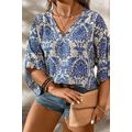 Blue Plus Size Ethnic Printed 3/4 Sleeve V Neck...