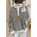 White Stripe Color Block Buttoned Crew Neck Ove...