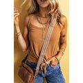 Straw Yellow Ribbed Front Knot Buttoned Thin St...