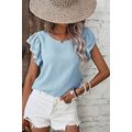 Mist Blue Solid Color Ruffled Short Sleeve Casu...