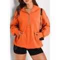 Orange Solid Kangaroo Pocket Half Zipper Oversi...