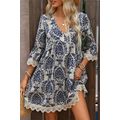 Sky Blue Vintage Printed Lace Trim V Neck 3/4 S...