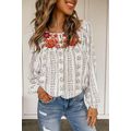 Beige Long Sleeve Embroidered Print Blouse