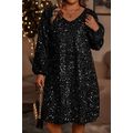 Color black Plus Size Bubble Sleeve V Neck Sequ...