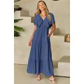 Navy Blue Textured V Neck Flutter Sleeve Ruffle...