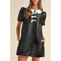 Black Floral Embossed Puff Sleeve Colorblock Bo...