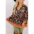 Black Plus Size Paisley Floral Print V Neck Bub...