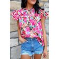 Rose Ruffle Flutter Sleeve Floral Print Blouse