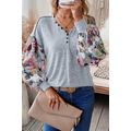 Gray Floral Lantern Sleeve Patchwork Buttoned V...