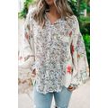Purple Boho Floral Bishop Sleeve Button Up Loos...