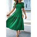 Dark Green Solid Textured Smocked Puff Short Sl...