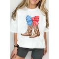 White Patriotic Bow Cowgirl Boots Printed Cotto...