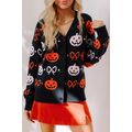 Black Halloween Pumpkin Bow Knit Button V Neck ...