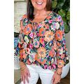 Black Floral 3/4 Flare Sleeve Tied V Neck Blouse