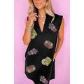 Black Sequin Patched V Neck Collared Mini Dress