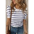 Blue Stripe Ribbed Trim Round Neck Bubble Sleev...