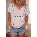 White Colorful Fringed Detail Tassel Tie Neck S...