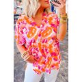 Rose Red Abstract Print V Neck Summer Blouse