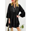 Black Chambray Ruffled 3/4 Sleeve Tiered Split ...