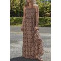 Brown Floral Smocked Bodice High Waist Flowy Su...