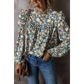 Sky Blue Floral Print Frilled Mock Neck Puff Sl...