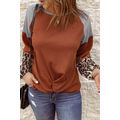 Leopard Long Sleeve Waffle Knit Orange Blouse w...