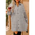 White Stripe Plus Size Plaid Buttoned Raw Hem T...