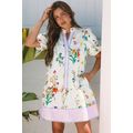 White Floral Print Contrast Striped Patchwork S...