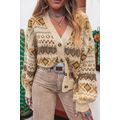 Khaki Western Pattern Knitted Button V Neck Car...