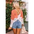 Multicolor Color Block Eyelet Long Sleeve Twist...
