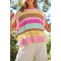 Pink Stripe Crochet Cap Sleeve Loose Fit Sweate...