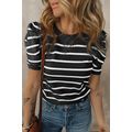White Stripe Ribbed Trim Round Neck Bubble Slee...