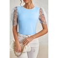Beau Blue Floral Mesh Puff Sleeve Crew Neck Top