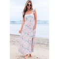 Pink Floral Print Square Neck Backless Long Dre...