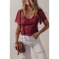 Red Dahlia Mesh Ruffled Sleeve Slim Fit V Neck Top